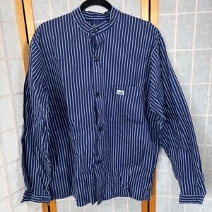 VTG FRISTADS Work Shirt Blue White Pinstripe Collarless Button Up Mens Sz S